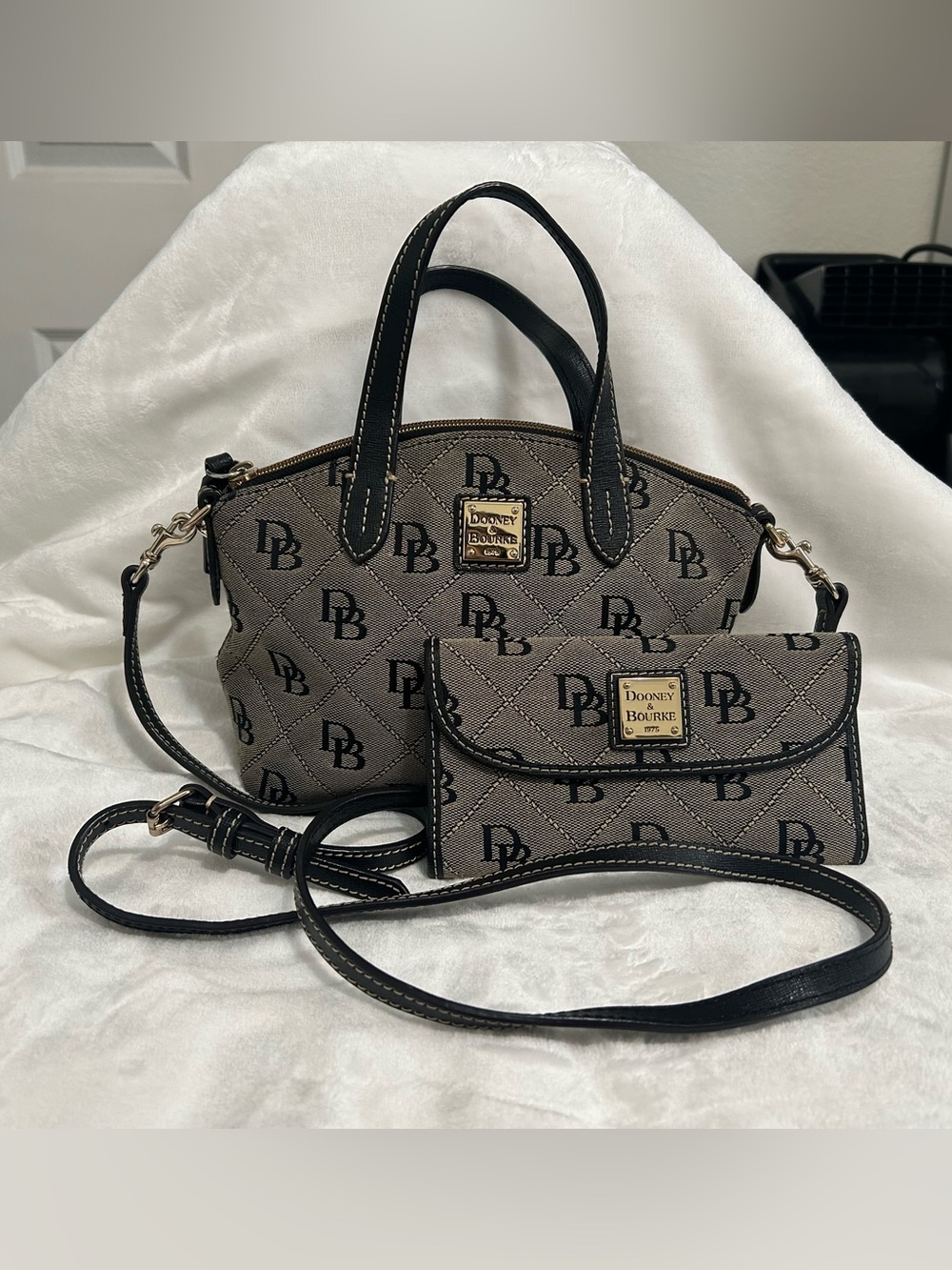Dooney & Bourke Signature DB Canvas Satchel & Matching Wallet Set Black Tan